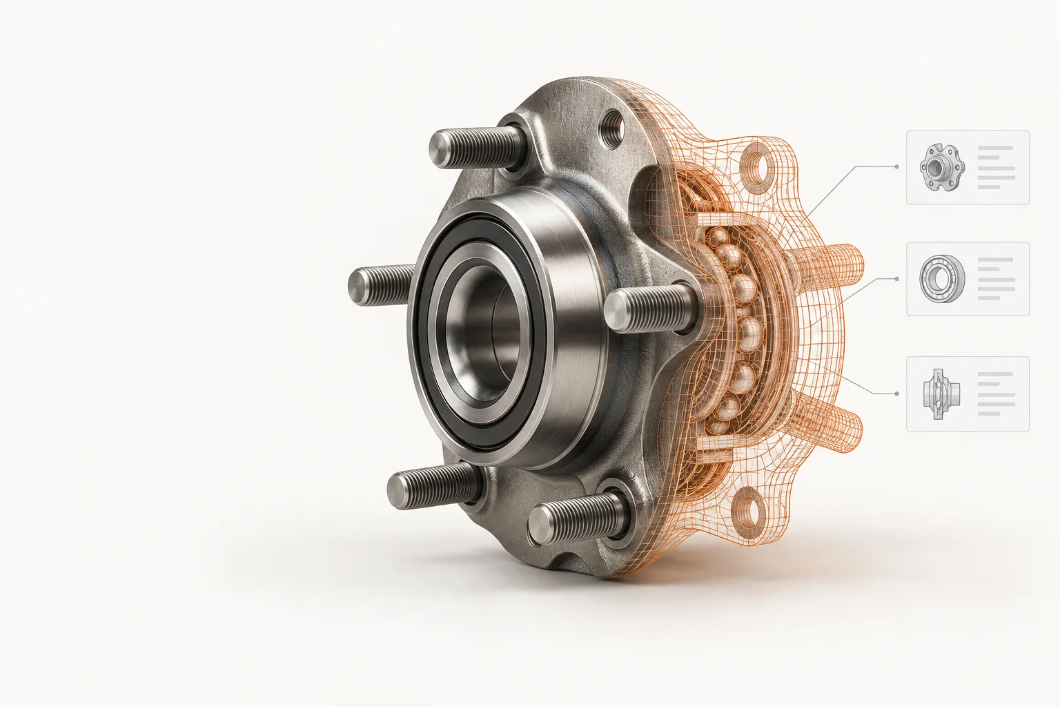 An automotive wheel bearing transitioning from machined metal into an orange wireframe and structured product data.